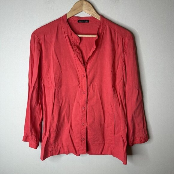 Eileen Fisher Top Womens Red Stretch Linen Blend Button Boho Lagenlook Sz S - Picture 1 of 12
